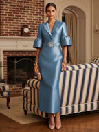 Sheath Satin Tea-Length Mother of the Bride & Groom Dresses with 3/4 Bell Sleeves & Crystal Embellished Belt (SHI22500471)