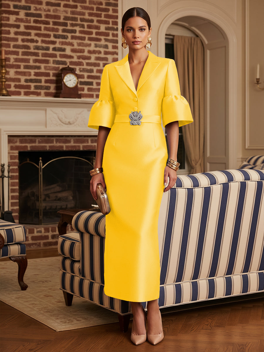 Sheath Satin Tea-Length Mother of the Bride & Groom Dresses with 3/4 Bell Sleeves & Crystal Embellished Belt (SHI22500471)