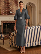 Sheath Satin Tea-Length Mother of the Bride & Groom Dresses with 3/4 Bell Sleeves & Crystal Embellished Belt (SHI22500471)