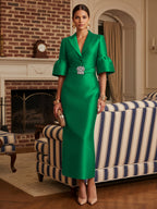 Sheath Satin Tea-Length Mother of the Bride & Groom Dresses with 3/4 Bell Sleeves & Crystal Embellished Belt (SHI22500471)