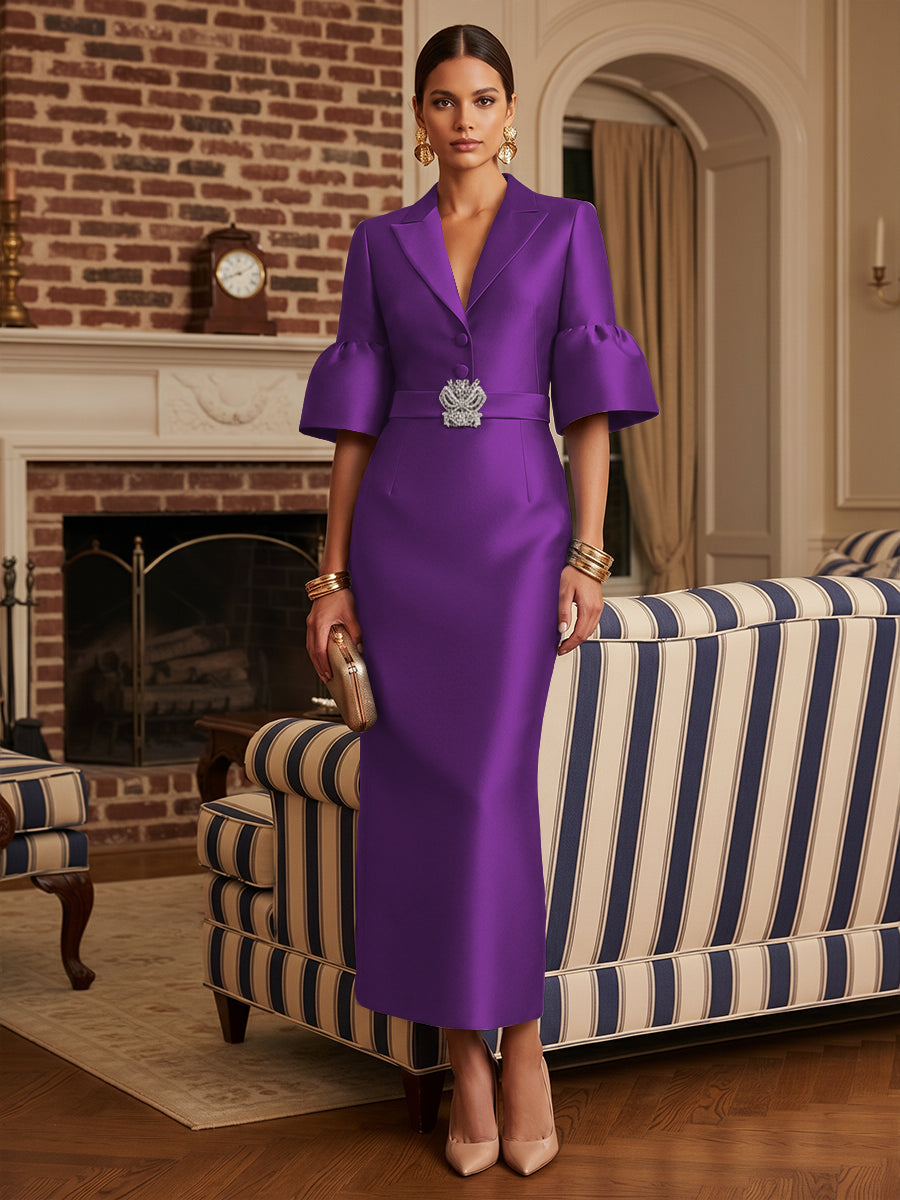 Sheath Satin Tea-Length Mother of the Bride & Groom Dresses with 3/4 Bell Sleeves & Crystal Embellished Belt (SHI22500471)