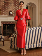 Sheath Satin Tea-Length Mother of the Bride & Groom Dresses with 3/4 Bell Sleeves & Crystal Embellished Belt (SHI22500471)