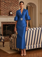 Sheath Satin Tea-Length Mother of the Bride & Groom Dresses with 3/4 Bell Sleeves & Crystal Embellished Belt (SHI22500471)