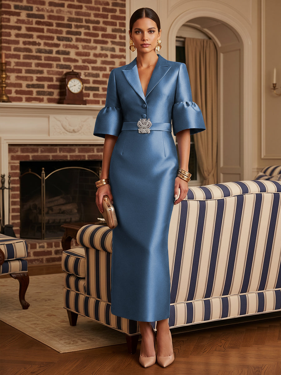 Sheath Satin Tea-Length Mother of the Bride & Groom Dresses with 3/4 Bell Sleeves & Crystal Embellished Belt (SHI22500471)