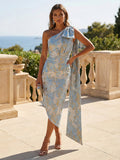 One Shoulder Beaded Midi Jacquard Satin Mother of the Bride Dresses (SHI22500511)