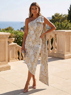 One Shoulder Beaded Midi Jacquard Satin Mother of the Bride Dresses (SHI22500511)