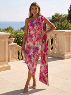 One Shoulder Beaded Midi Jacquard Satin Mother of the Bride Dresses (SHI22500511)