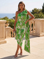 One Shoulder Beaded Midi Jacquard Satin Mother of the Bride Dresses (SHI22500511)