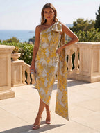 One Shoulder Beaded Midi Jacquard Satin Mother of the Bride Dresses (SHI22500511)