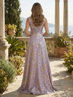 Sleeveless V-Neck Ruched Jacquard Satin Mother of the Bride Dresses (SHI22500512)