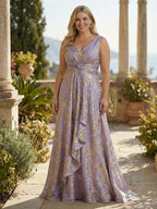 Sleeveless V-Neck Ruched Jacquard Satin Mother of the Bride Dresses (SHI22500512)
