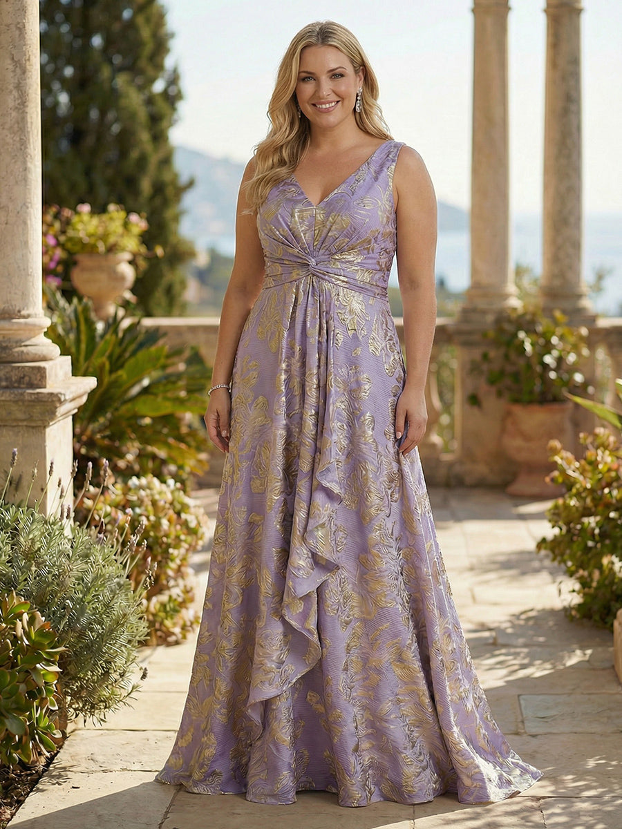 Sleeveless V-Neck Ruched Jacquard Satin Mother of the Bride Dresses (SHI22500512)