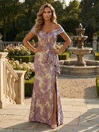 Sheath Floral Jacquard Off Shoulder Mother of the Bride & Groom Dresses with Flower (SHI22500777)