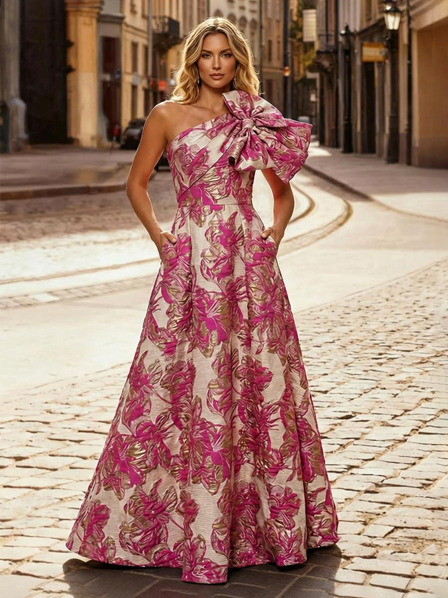 One Shoulder Jacquard Satin Mother of the Bride Dresses with Bow (SHI22500515)