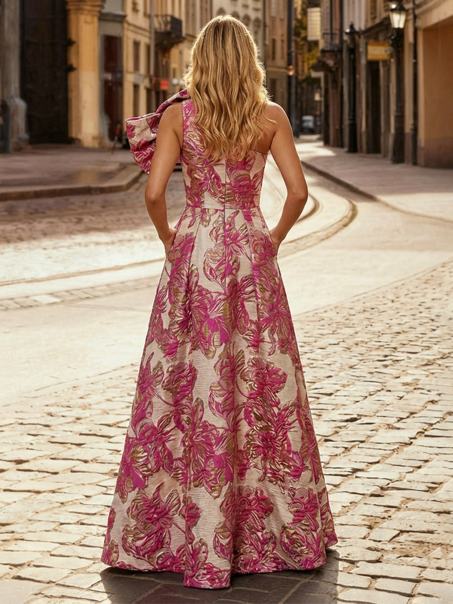 One Shoulder Jacquard Satin Mother of the Bride Dresses with Bow (SHI22500515)