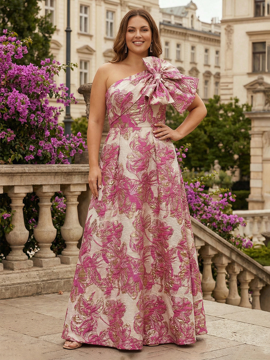 One Shoulder Jacquard Satin Mother of the Bride Dresses with Bow (SHI22500515)