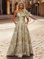 One Shoulder Jacquard Satin Mother of the Bride Dresses with Bow (SHI22500515)