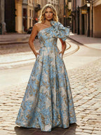 One Shoulder Jacquard Satin Mother of the Bride Dresses with Bow (SHI22500515)