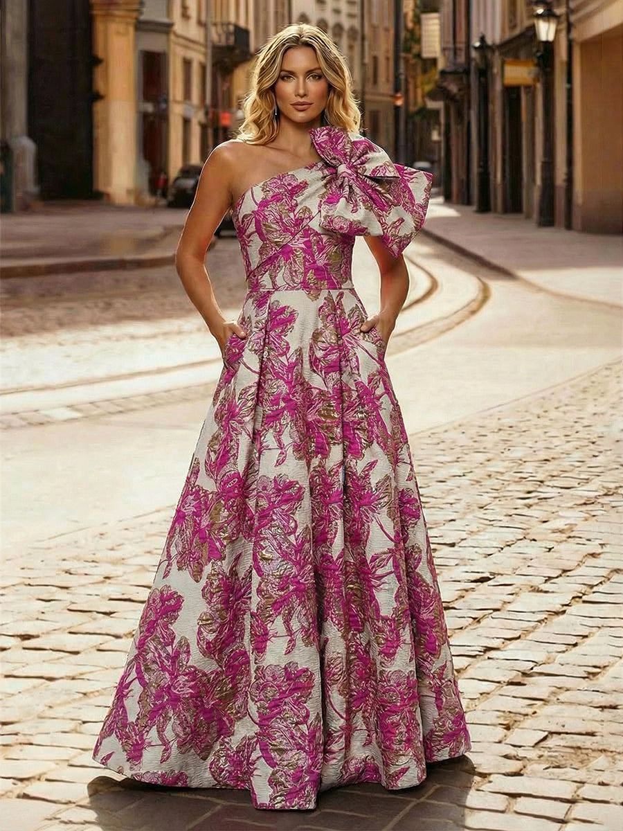 One Shoulder Jacquard Satin Mother of the Bride Dresses with Bow (SHI22500515)