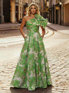 One Shoulder Jacquard Satin Mother of the Bride Dresses with Bow (SHI22500515)