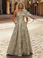 One Shoulder Jacquard Satin Mother of the Bride Dresses with Bow (SHI22500515)