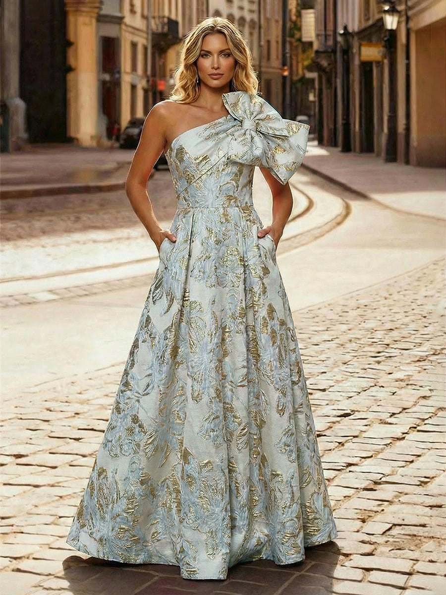 One Shoulder Jacquard Satin Mother of the Bride Dresses with Bow (SHI22500515)
