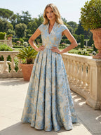 A Line V Neck Short Sleeve Sequined Elegant Mother of the Bride Dresses with Pleats (SHI22500199)