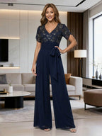 Jumpsuit V Neck Half Sleeve Long Sparkling Mother of the Bride Dresses with Belt (SHI22500201)