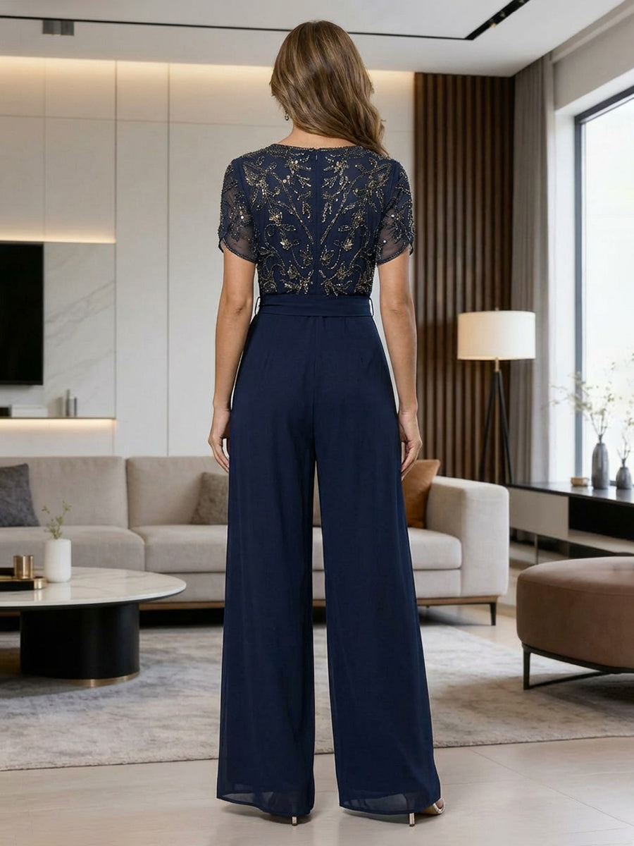 Jumpsuit V Neck Half Sleeve Long Sparkling Mother of the Bride Dresses with Belt (SHI22500201)