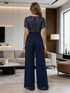 Jumpsuit V Neck Half Sleeve Long Sparkling Mother of the Bride Dresses with Belt (SHI22500201)