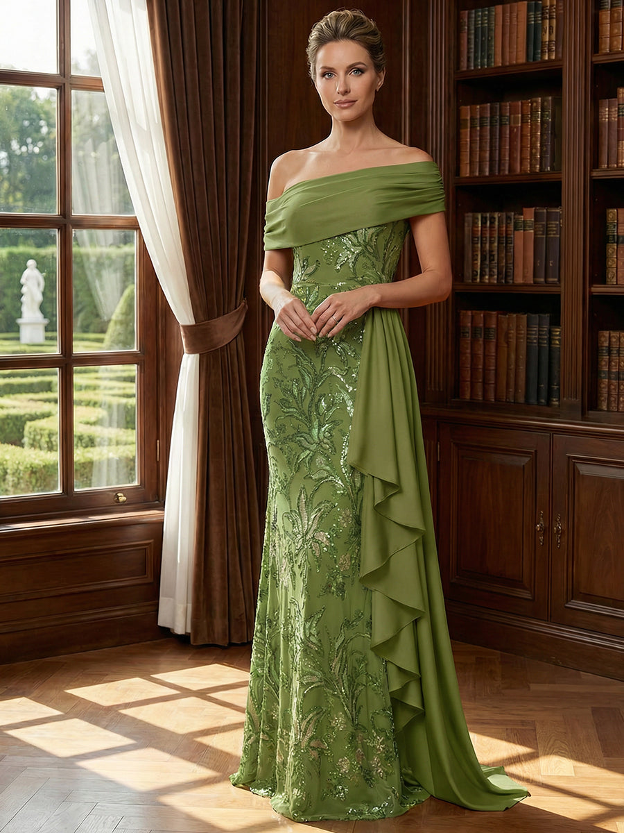 2-Piece A-Line Chiffon 3/4 Sleeves Mother of the Bride & Groom Dresses with Scalloped V-Neck Lace Bodice (SHI22500637)
