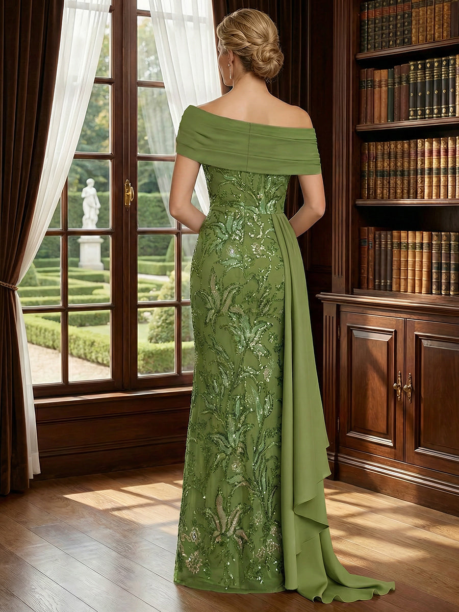 A-Line Satin V-Neck 3/4 Sleeve Mother of the Bride Dresses Floor-Length Ball Gown with Applique (SHI22500294)