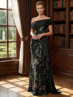 Off Shoulder Lace Appliques Sequins Mother of the Bride Dresses with Ruffles (SHI22500548)