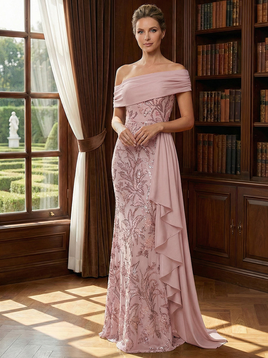 Off Shoulder Lace Appliques Sequins Mother of the Bride Dresses with Ruffles (SHI22500548)