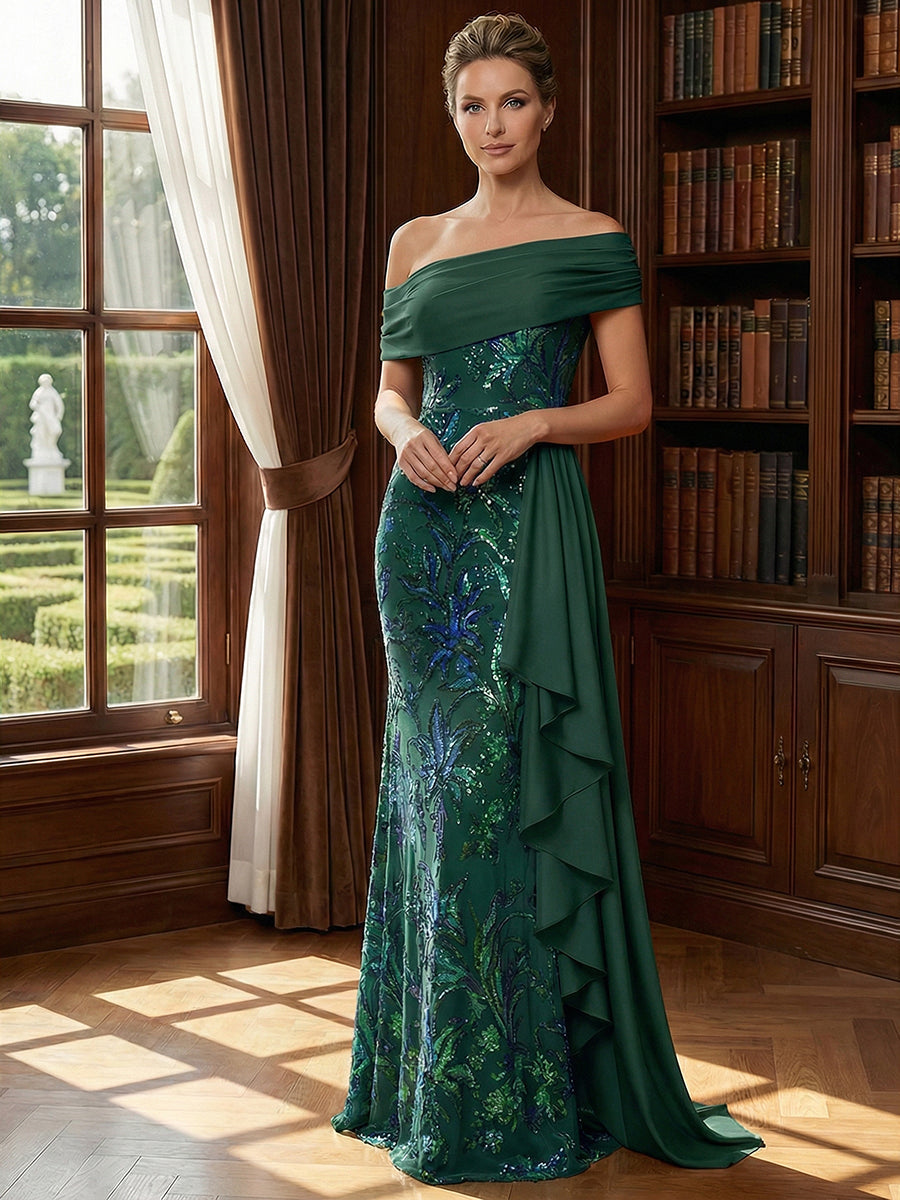 Off Shoulder Lace Appliques Sequins Mother of the Bride Dresses with Ruffles (SHI22500548)