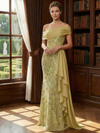 Off Shoulder Lace Appliques Sequins Mother of the Bride Dresses with Ruffles (SHI22500548)