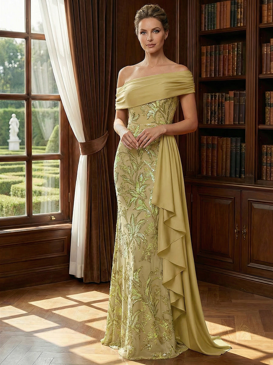 Off Shoulder Lace Appliques Sequins Mother of the Bride Dresses with Ruffles (SHI22500548)
