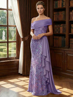 Off Shoulder Lace Appliques Sequins Mother of the Bride Dresses with Ruffles (SHI22500548)