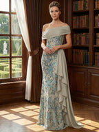Off Shoulder Lace Appliques Sequins Mother of the Bride Dresses with Ruffles (SHI22500548)