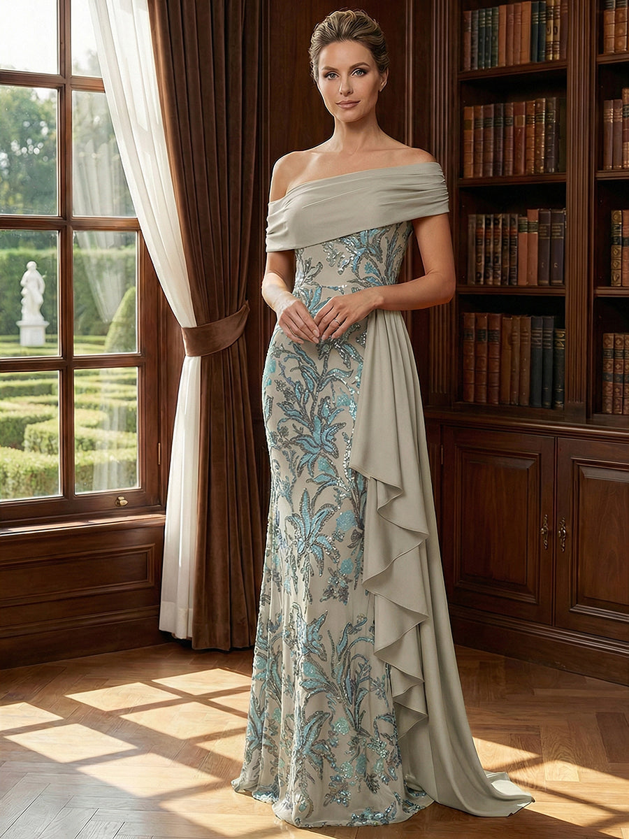 Off Shoulder Lace Appliques Sequins Mother of the Bride Dresses with Ruffles (SHI22500548)