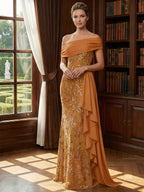 Off Shoulder Lace Appliques Sequins Mother of the Bride Dresses with Ruffles (SHI22500548)