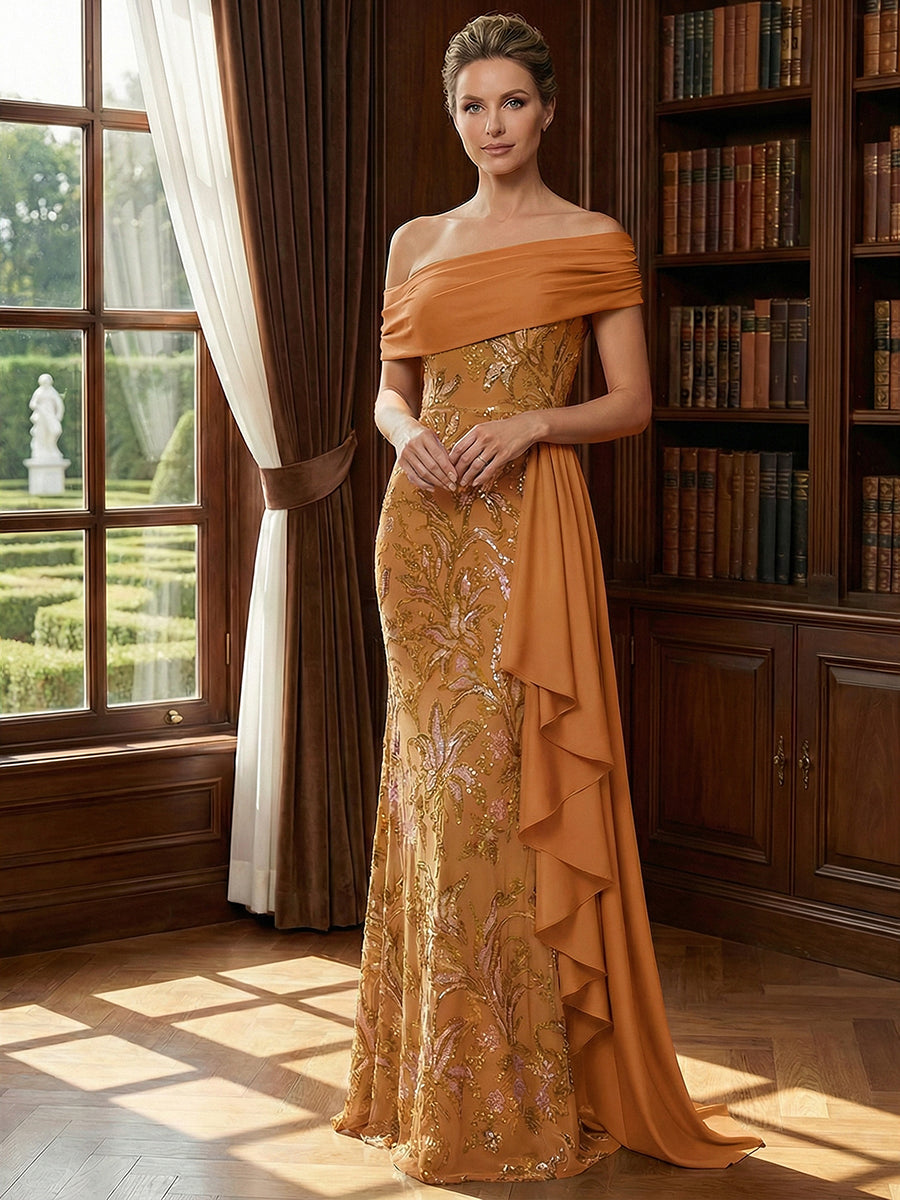 Off Shoulder Lace Appliques Sequins Mother of the Bride Dresses with Ruffles (SHI22500548)
