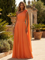 A-Line Chiffon One Shoulder Draped Cape Sleeves Floor-Length Mother of the Bride & Groom Dresses (SHI22500629)