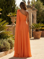 A-Line Chiffon One Shoulder Draped Cape Sleeves Floor-Length Mother of the Bride & Groom Dresses (SHI22500629)