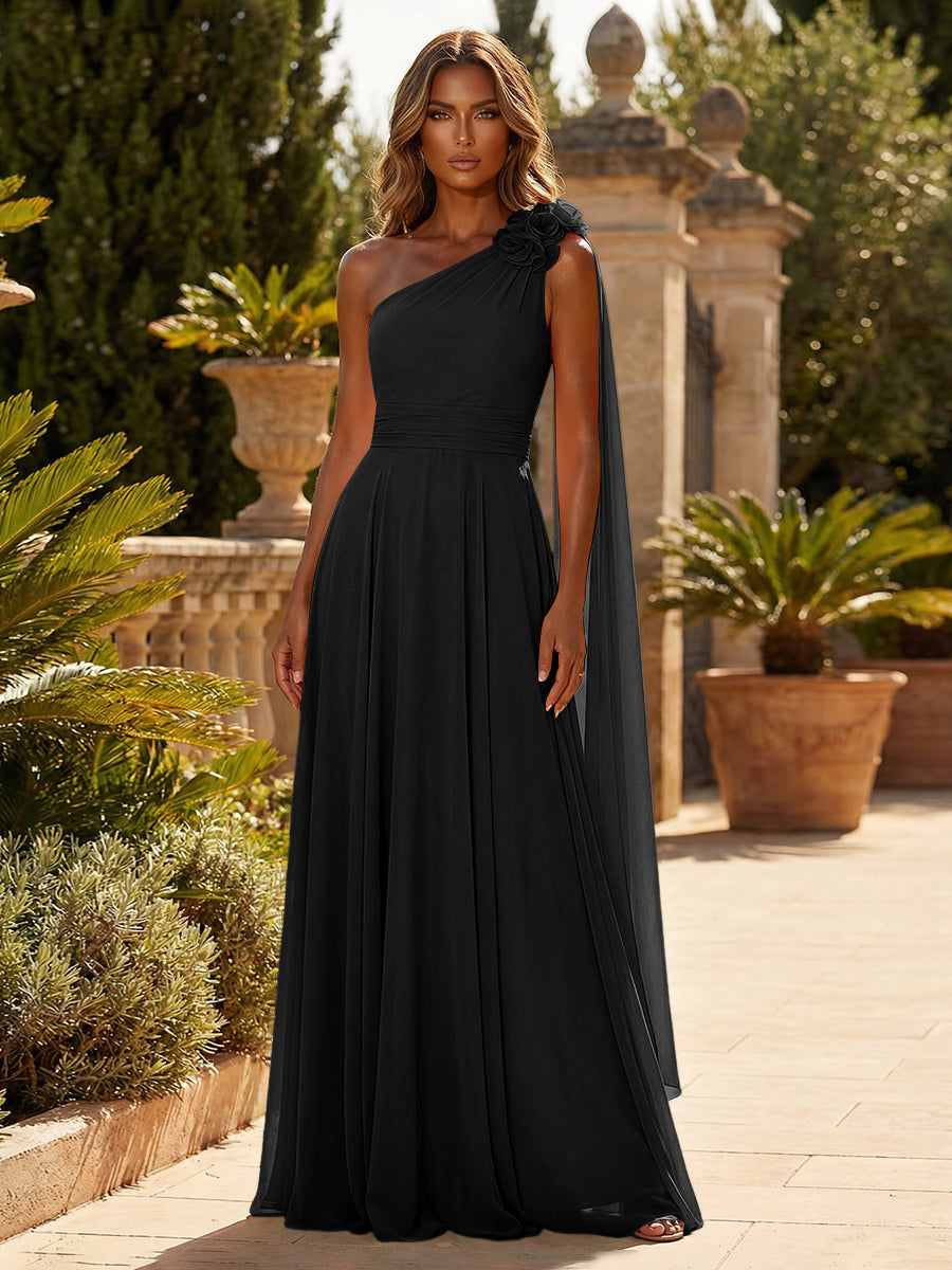 A-Line Chiffon One Shoulder Draped Cape Sleeves Floor-Length Mother of the Bride & Groom Dresses (SHI22500629)