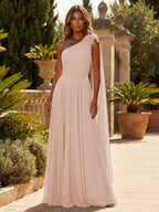 A-Line Chiffon One Shoulder Draped Cape Sleeves Floor-Length Mother of the Bride & Groom Dresses (SHI22500629)
