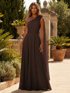 A-Line Chiffon One Shoulder Draped Cape Sleeves Floor-Length Mother of the Bride & Groom Dresses (SHI22500629)