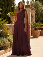 A-Line Chiffon One Shoulder Draped Cape Sleeves Floor-Length Mother of the Bride & Groom Dresses (SHI22500629)