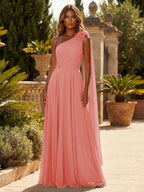 A-Line Chiffon One Shoulder Draped Cape Sleeves Floor-Length Mother of the Bride & Groom Dresses (SHI22500629)