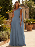 A-Line Chiffon One Shoulder Draped Cape Sleeves Floor-Length Mother of the Bride & Groom Dresses (SHI22500629)
